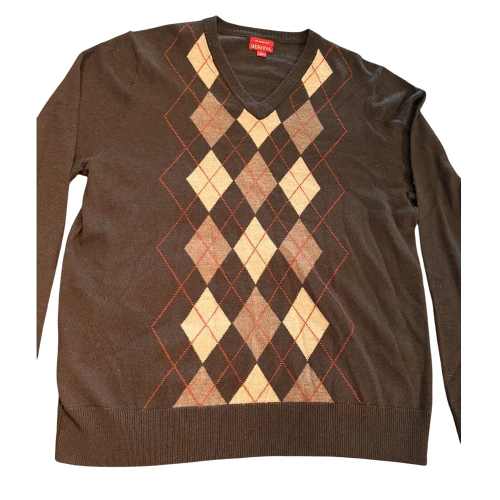 Merona Mens 100% Merino‎ Wool Argyle V-Neck Sweater Brown Large VN1168501